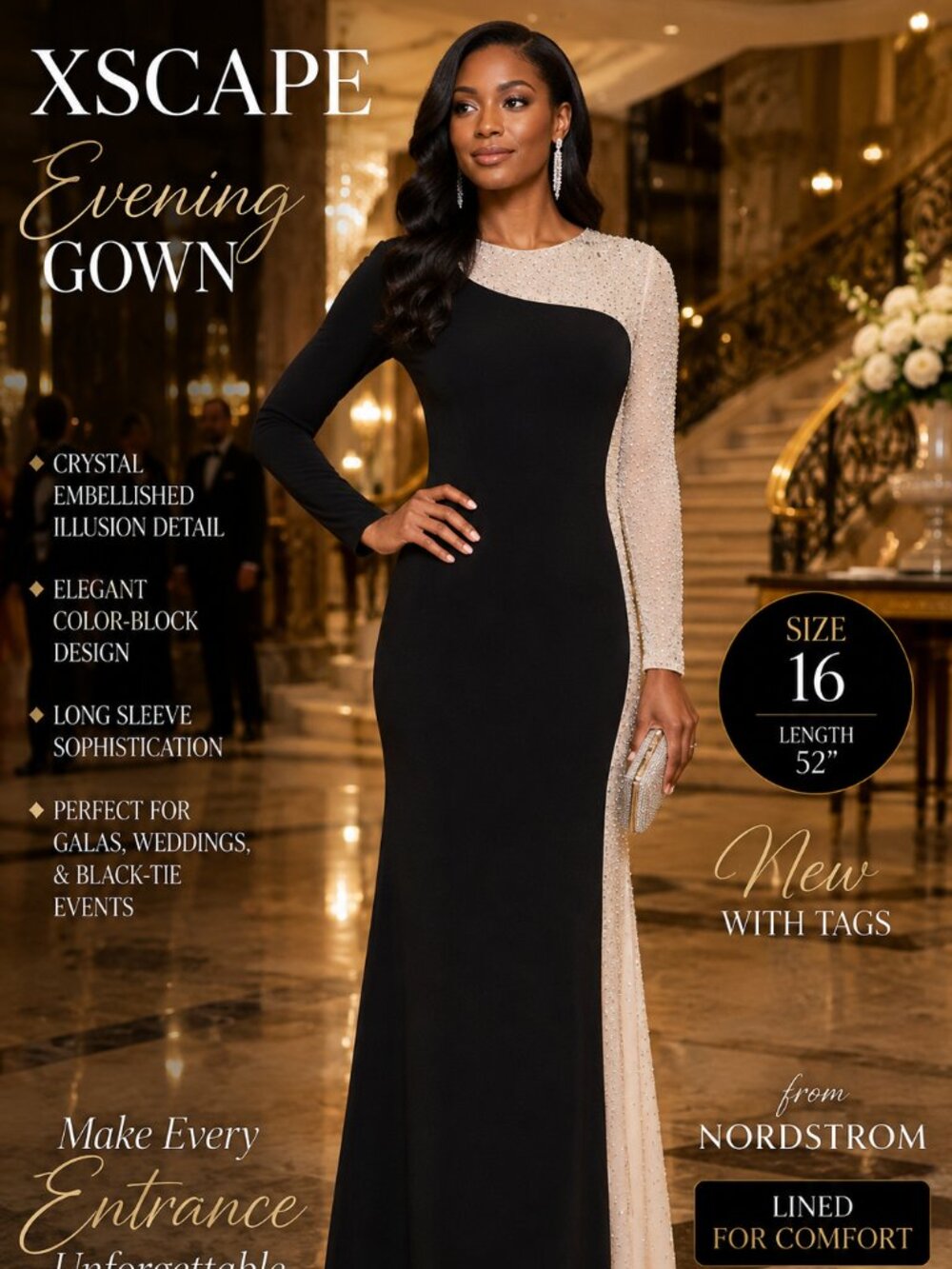 Xscape Women's Black and Crystal Contrast Evening Gown – New with Tags